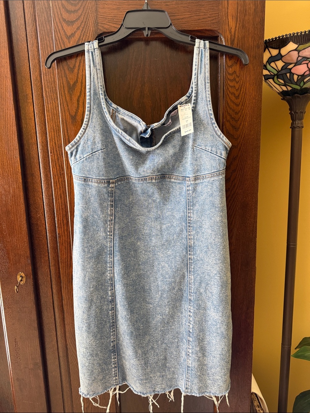 SO Light Blue Vintage Look Denim Mini Tank Dress with Frayed Hem